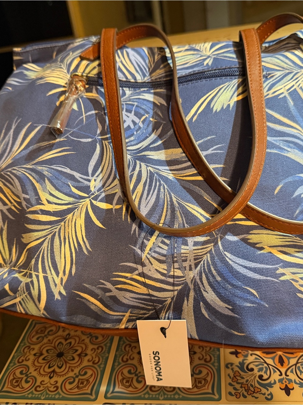 SONOMA Navy Tote with Yellow Palm Print and Brown Trim